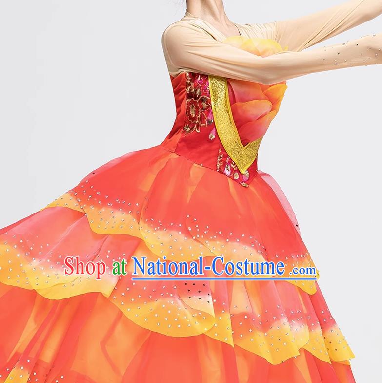 Top Opening Dance Ball Gown Peony Dance Fashion Modern Dance Red Dress Women Group Show Clothing