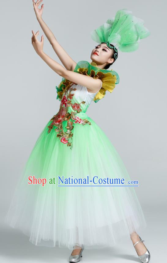 Top Women Group Show Clothing Modern Dance Green Dress Embroidered Peony Fashion Oriental Dance Costume