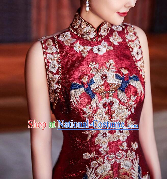 China Elegant Mandarin Dress Woman Embroidered Shinning Qipao Traditional Wedding Cheongsam