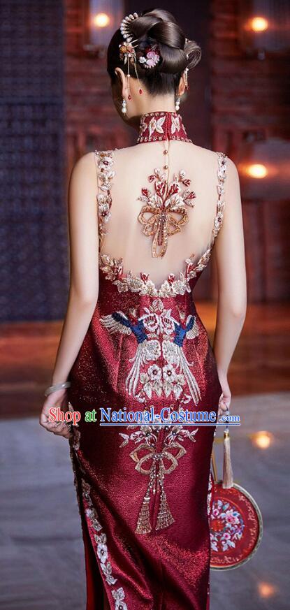 China Elegant Mandarin Dress Woman Embroidered Shinning Qipao Traditional Wedding Cheongsam