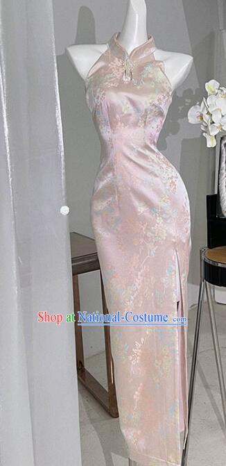 China Elegant Sleeveless Dress Pink Qipao Traditional Cheongsam Clothing