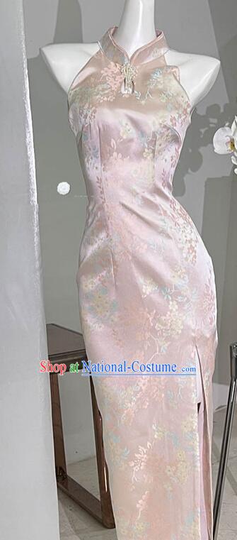 China Elegant Sleeveless Dress Pink Qipao Traditional Cheongsam Clothing