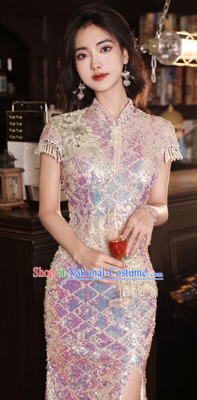 China Traditional Cheongsam Clothing Elegant Shining Dress Compere Mermaid Qipao