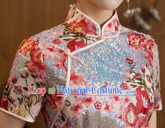 China Classical Cheongsam Clothing Elegant Embroidered Dress Shining Qipao Costume