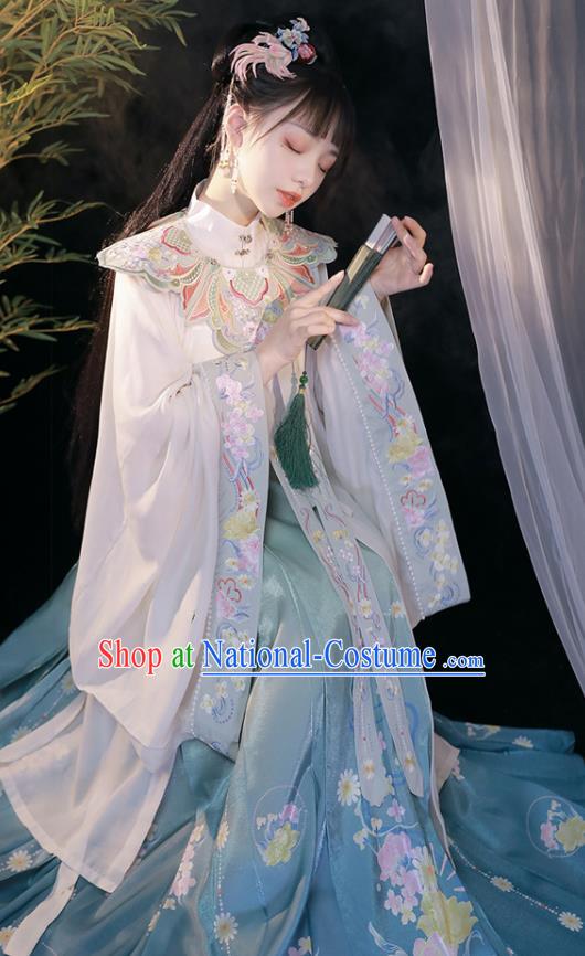 China Hanfu Embroidered Clothing Ming Dynasty Princess Blue Dresses Ancient Noble Lady Garment Costumes Complete Set