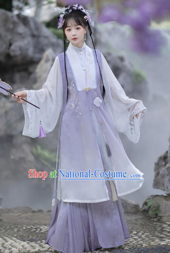 China Ming Dynasty Princess Lilac Dresses Ancient Young Woman Garment Costumes Hanfu Embroidered Clothing