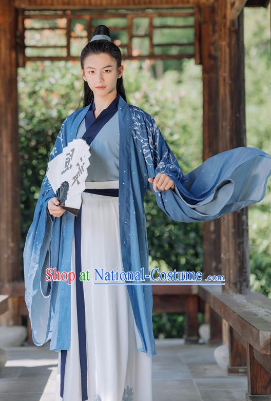 China Jin Dynasty Young Hero Clothing Ancient Swordsman Garment Costumes Blue Hanfu