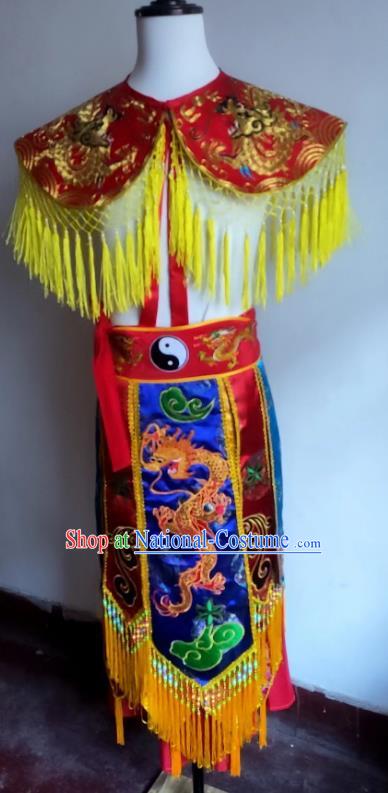 China Nuo Opera Combat Red Outfit Fiesta Parade God Embroidered Cappa and Skirt Folk Dance Immortal Clothing