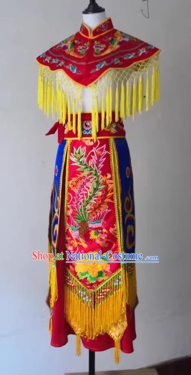 China Folk Dance Clothing Nuo Opera Immortal Combat Red Outfit Fiesta Parade God Embroidered Cappa and Skirt