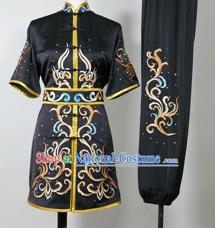 China Wushu Training Embroidered Clothing Kung Fu Tournament Black Uniform Martial Arts Changquan Performance Costume