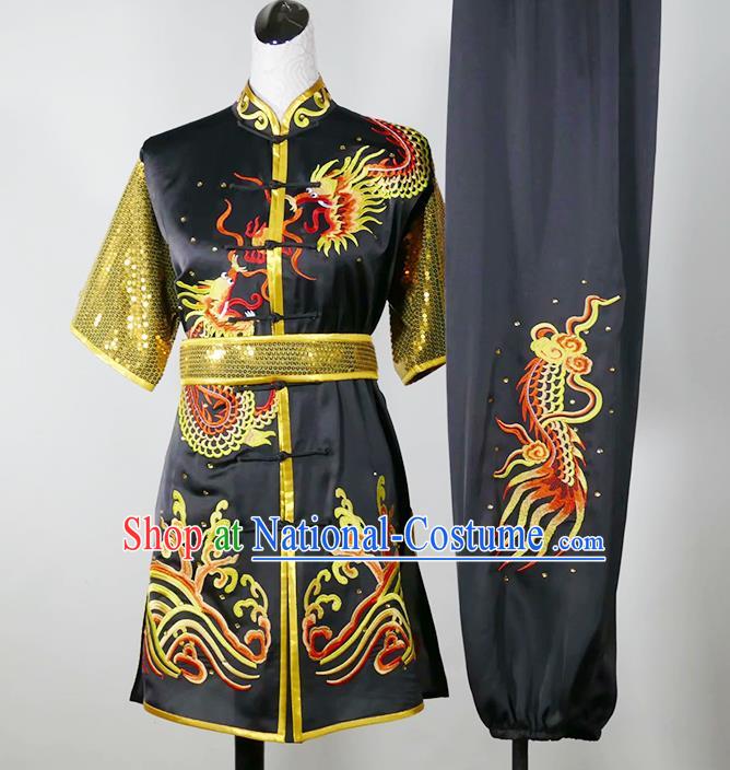 China Martial Arts Changquan Performance Costume Wushu Training Embroidered Clothing Kung Fu Tournament Black Uniform