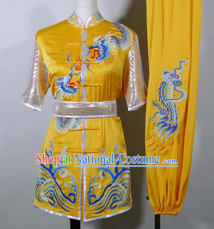 China Wushu Tournament Embroidered Clothing Kung Fu Competition Yellow Uniform Martial Arts Changquan Performance Costume