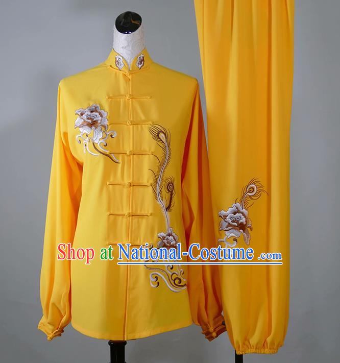 China Tai Chi Competition Yellow Uniform Martial Arts Performance Costume Taiji Tournament Embroidered Peony Clothing