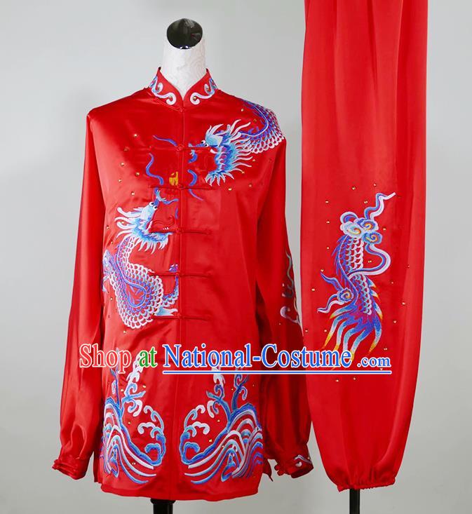 China Taiji Tournament Embroidered Dragon Clothing Tai Chi Competition Red Uniform Martial Arts Performance Costume