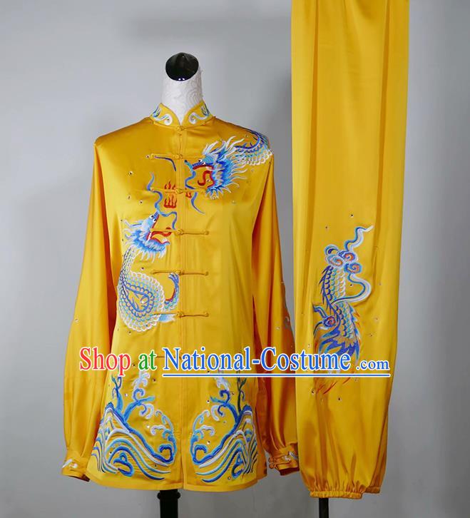 China Martial Arts Performance Costume Taiji Tournament Embroidered Dragon Clothing Tai Chi Competition Yellow Uniform