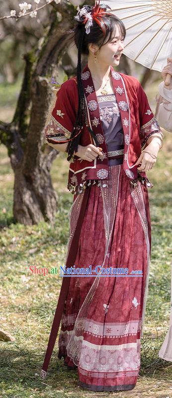 China Traditional Civilian Red Hanfu Dresses Ancient Village Girl Clothing Song Dynasty Young Woman Costumes