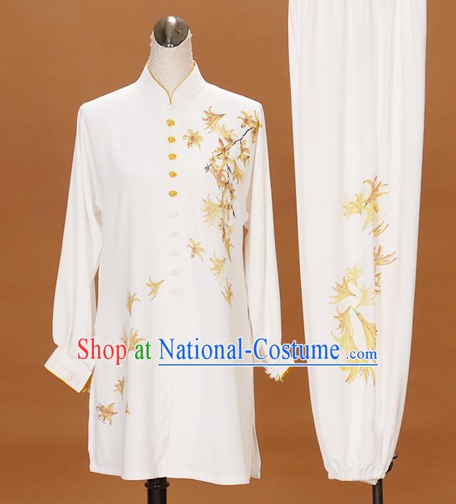 China Kung Fu Performance Costume Martial Arts Tournament Embroidered Maple Lead Clothing Tai Chi Competition White Uniform