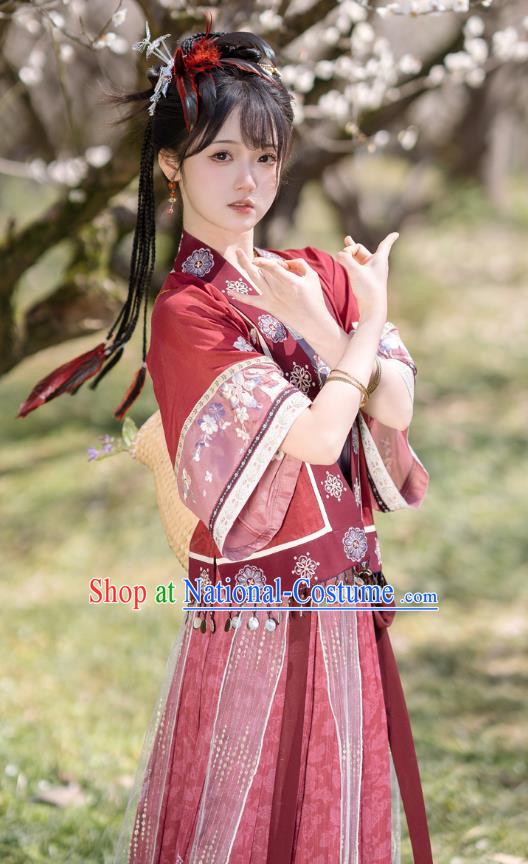 China Traditional Civilian Red Hanfu Dresses Ancient Village Girl Clothing Song Dynasty Young Woman Costumes