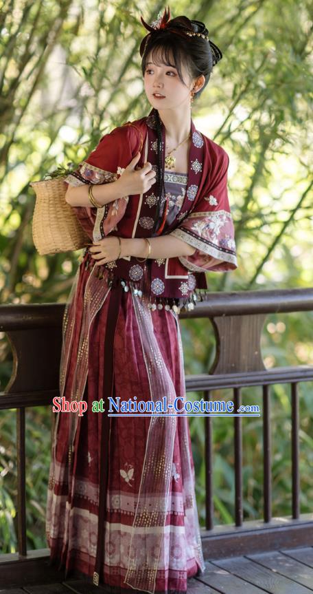 China Traditional Civilian Red Hanfu Dresses Ancient Village Girl Clothing Song Dynasty Young Woman Costumes