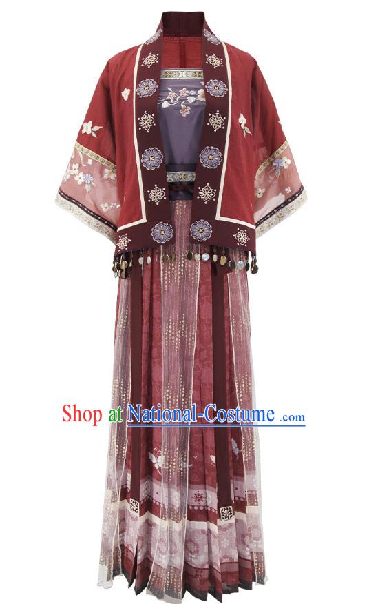 China Traditional Civilian Red Hanfu Dresses Ancient Village Girl Clothing Song Dynasty Young Woman Costumes