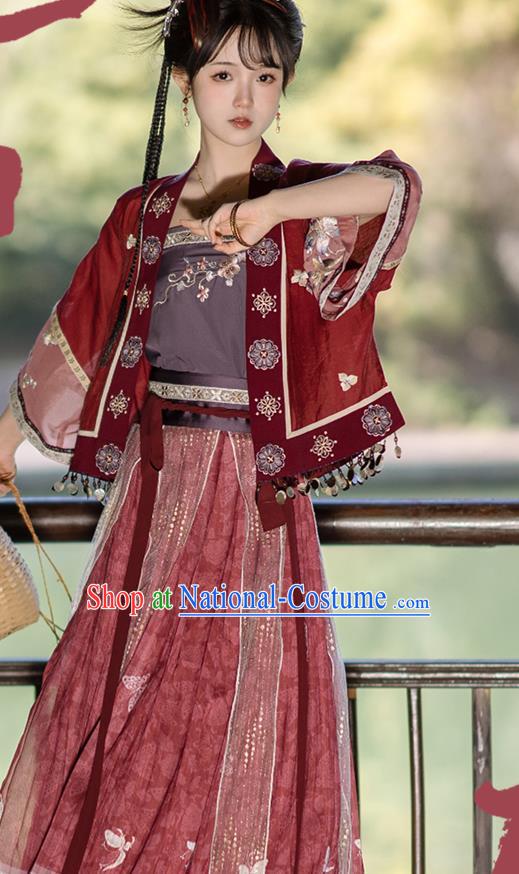 China Traditional Civilian Red Hanfu Dresses Ancient Village Girl Clothing Song Dynasty Young Woman Costumes