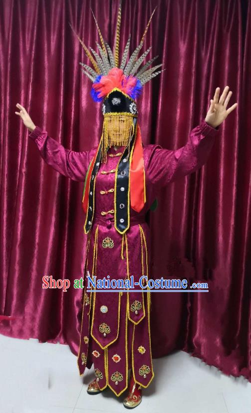 Chinese Folk Dance Clothing Sacrifice God Dancing Garments Witchcraft Performance Costumes and Headdress Complete Set