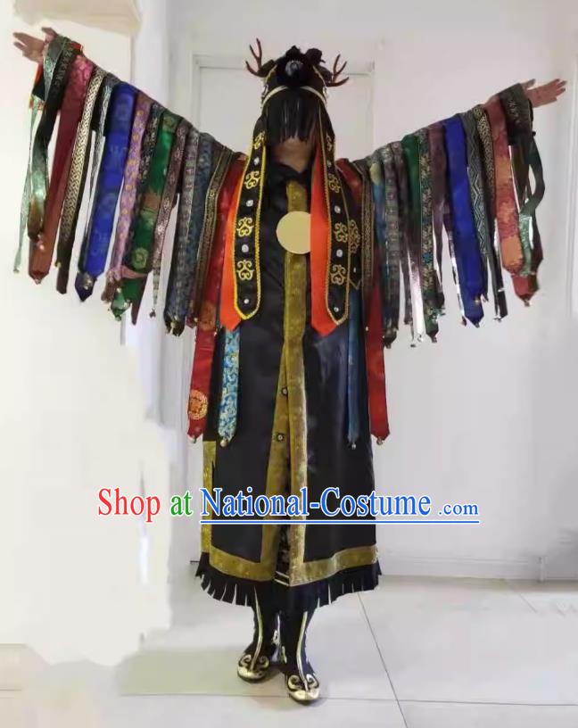 Chinese Sacrifice God Dancing Garments Witchcraft Performance Costumes and Headdress Nuo Opera Master Clothing