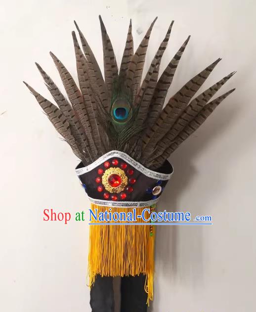 China Sacrifice Dance Headwear Drama God Hat Handmade Nuo Opera Feather Headpiece