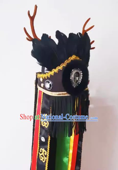 China Drama God Antlers Hat Handmade Nuo Opera Black Feather Headpiece Sacrifice Dance Headwear