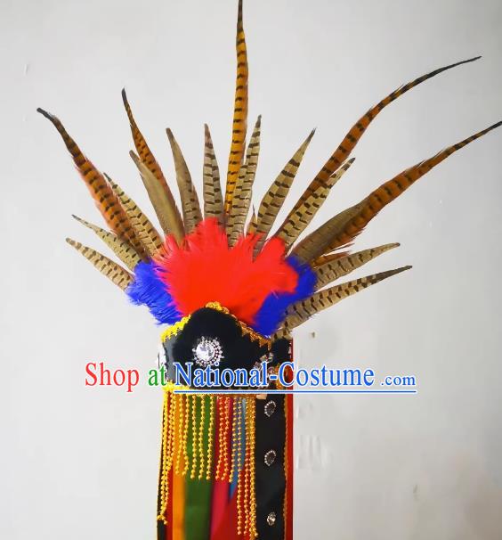 China Sacrifice Dance Headwear Drama God Feather Hat Handmade Nuo Opera Master Headpiece