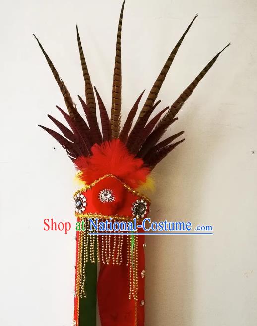 China Handmade Nuo Opera Master Headpiece Sacrifice Dance Headwear Drama God Feather Red Hat