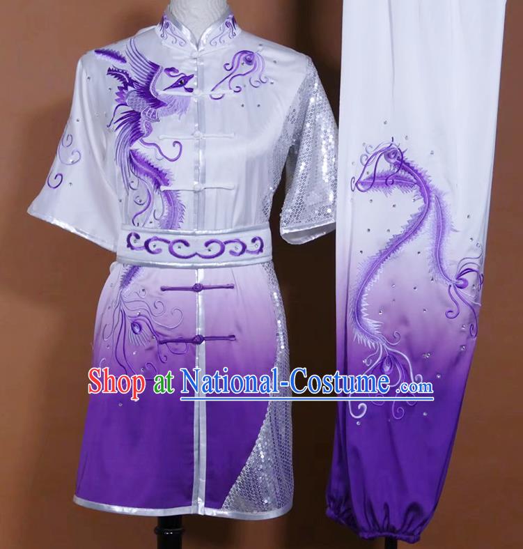 China Martial Arts Performance Costume Wushu Competition Embroidered Phoenix Clothing Kung Fu Gradient Purple Uniform