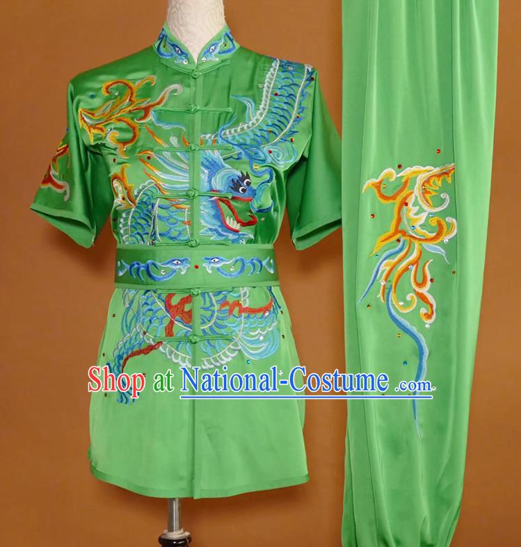 China Kung Fu Competition Green Uniform Martial Arts Performance Costume Wushu Embroidered Dragon Clothing