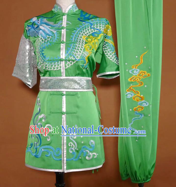 China Wushu Embroidered Dragon Clothing Kung Fu Competition Green Uniform Martial Arts Performance Costume