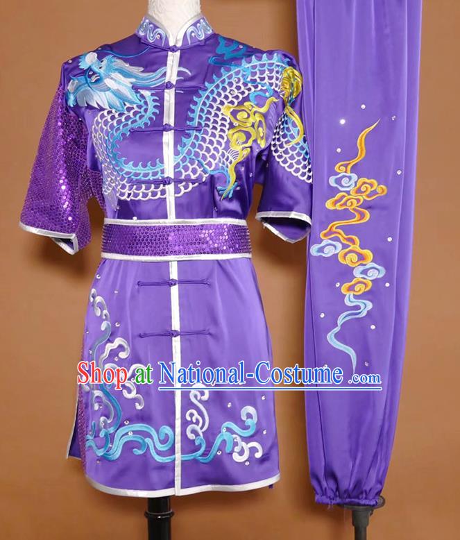 China Martial Arts Performance Costume Wushu Embroidered Dragon Clothing Kung Fu Competition Purple Uniform