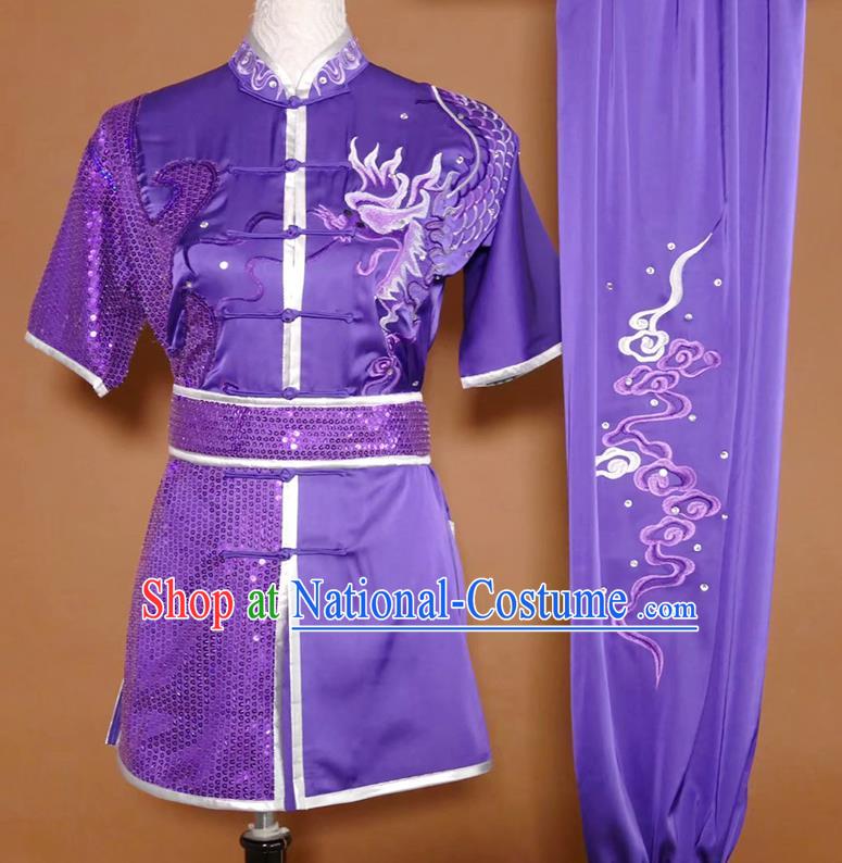 China Kung Fu Competition Purple Uniform Martial Arts Performance Costume Wushu Tournament Embroidered Dragon Clothing