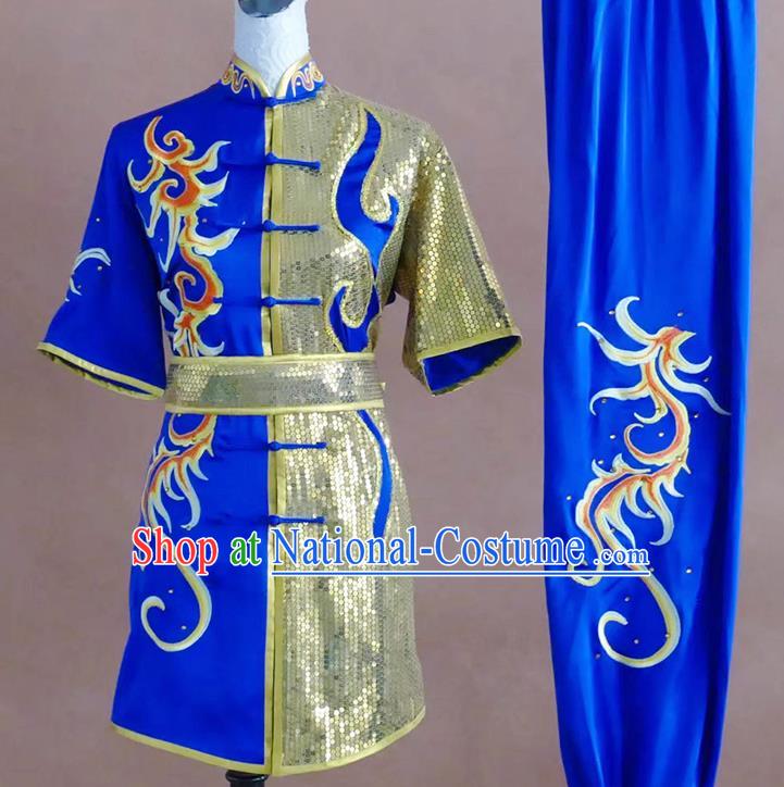 China Wushu Tournament Embroidered Clothing Kung Fu Competition Royal Blue Uniform Martial Arts Changquan Performance Costume