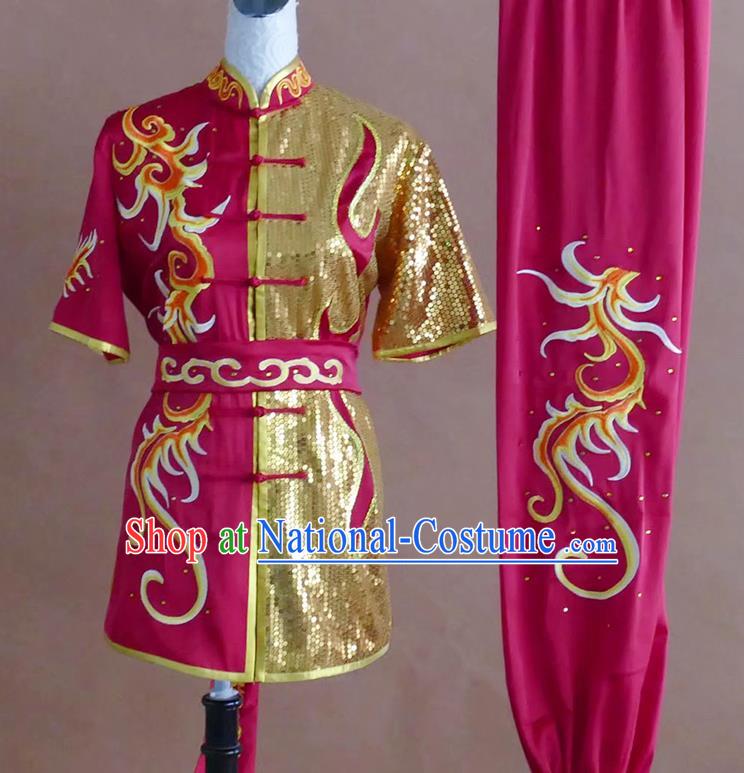 China Changquan Performance Costume Wushu Tournament Embroidered Clothing Kung Fu Competition Megenta Uniform Martial Arts Outfit