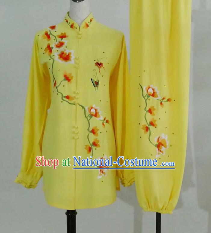 China Tai Chi Taiji Tournament Embroidered Clothing Kung Fu Competition Yellow Uniform Martial Arts Performance Costume