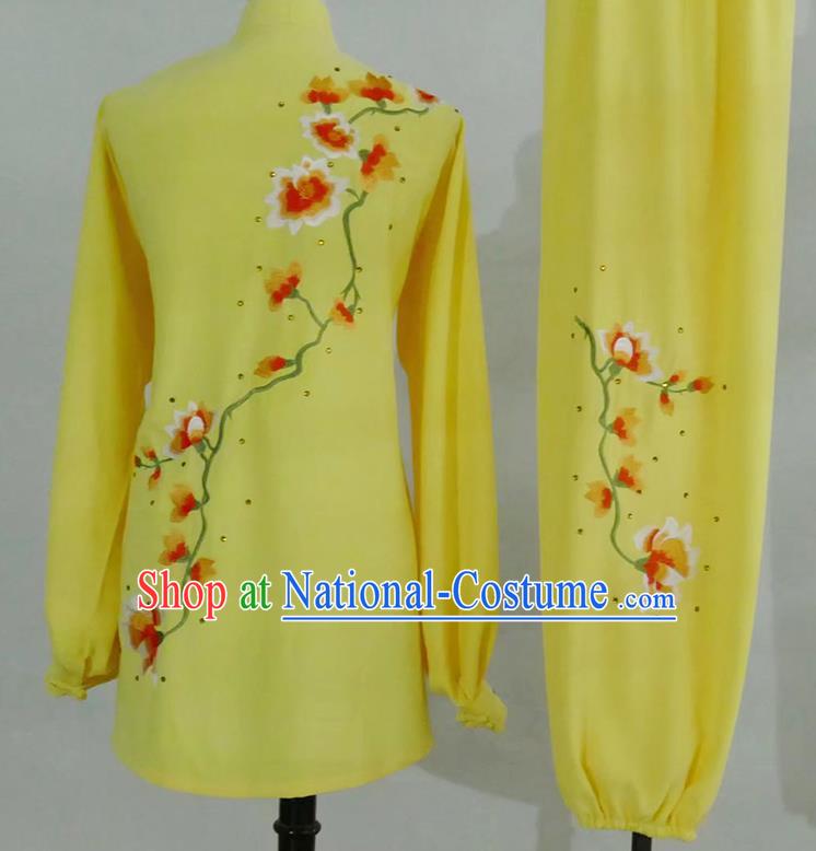 China Tai Chi Taiji Tournament Embroidered Clothing Kung Fu Competition Yellow Uniform Martial Arts Performance Costume