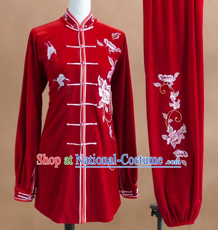 China Martial Arts Performance Costume Tai Chi Taijiquan Tournament Embroidered Clothing Kung Fu Competition Red Velvet Uniform