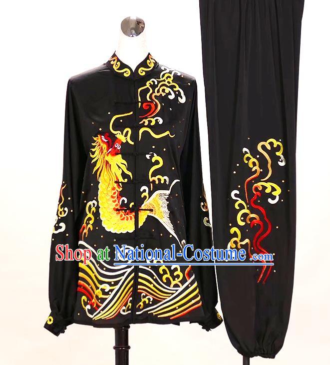 China Kung Fu Tournament Black Uniform Martial Arts Performance Costume Tai Chi Training Outfit Taijiquan Embroidered Carp Clothing