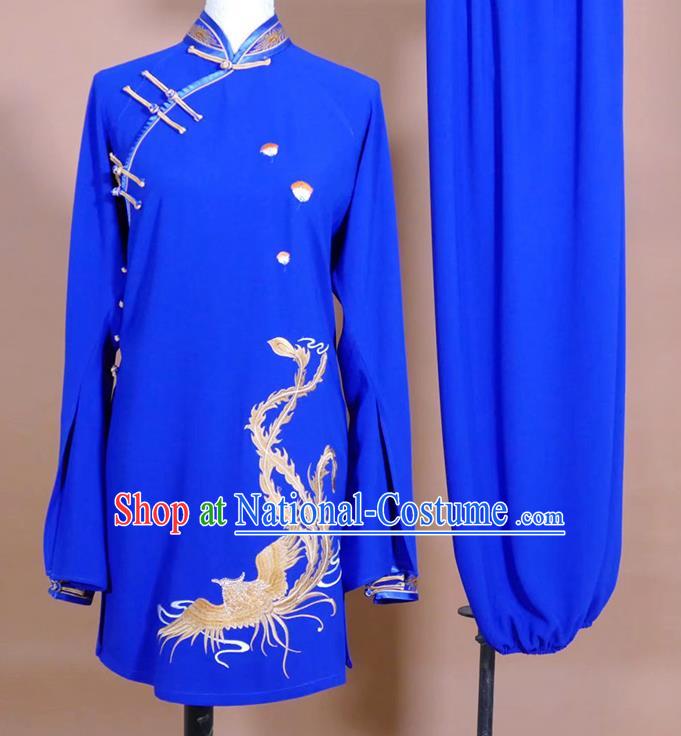 China Taijiquan Training Embroidered Phoenix Clothing Kung Fu Tournament Blue Uniform Martial Arts Costume Female Tai Chi Performance Outfit