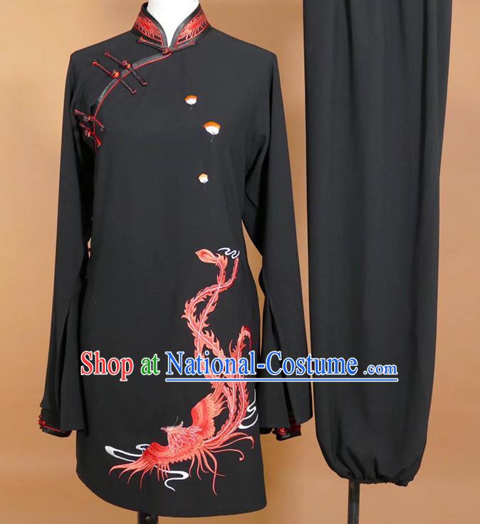 China Female Tai Chi Performance Outfit Taijiquan Training Embroidered Phoenix Clothing Kung Fu Tournament Black Uniform Martial Arts Costume