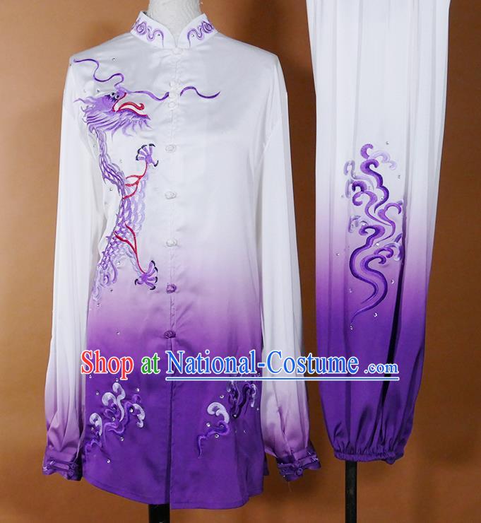 China Martial Arts Costume Tai Chi Performance Outfit Taijiquan Training Embroidered Dragon Clothing Kung Fu Tournament Purple Uniform