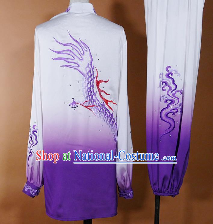 China Martial Arts Costume Tai Chi Performance Outfit Taijiquan Training Embroidered Dragon Clothing Kung Fu Tournament Purple Uniform