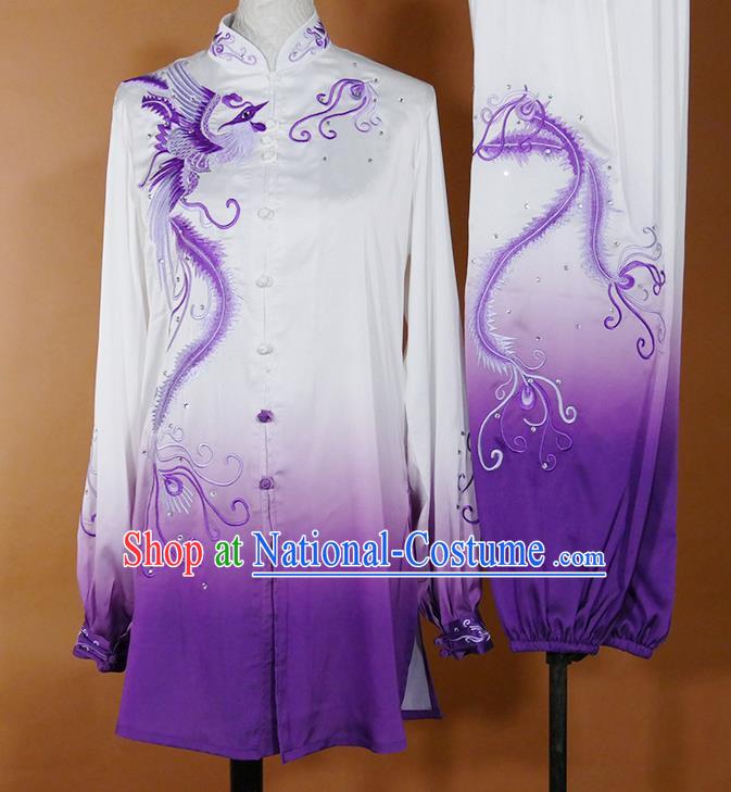 China Kung Fu Tournament Purple Uniform Martial Arts Costume Tai Chi Performance Outfit Taijiquan Training Embroidered Phoenix Clothing