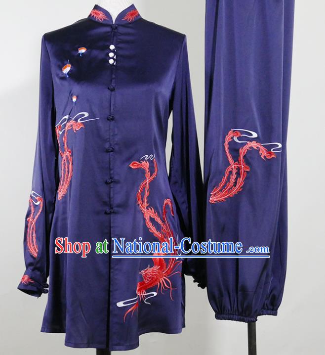 China Tai Chi Training Embroidered Phoenix Clothing Female Kung Fu Tournament Navy Uniform Martial Arts Performance Costume