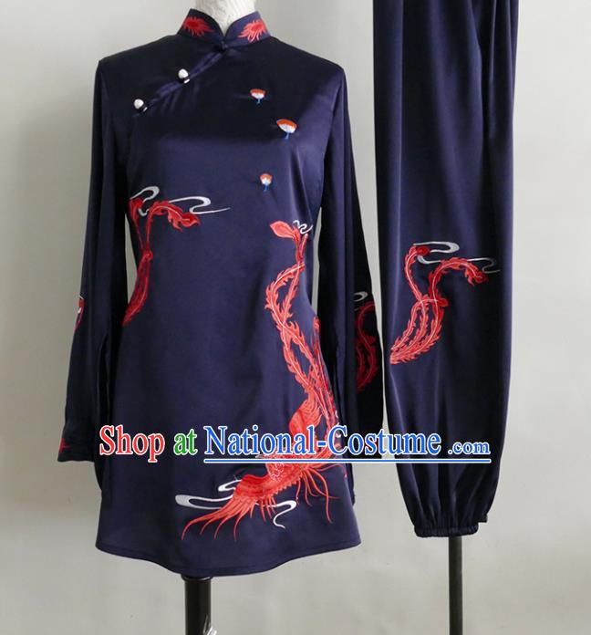 China Martial Arts Performance Costume Tai Chi Training Embroidered Phoenix Clothing Female Kung Fu Tournament Navy Uniform