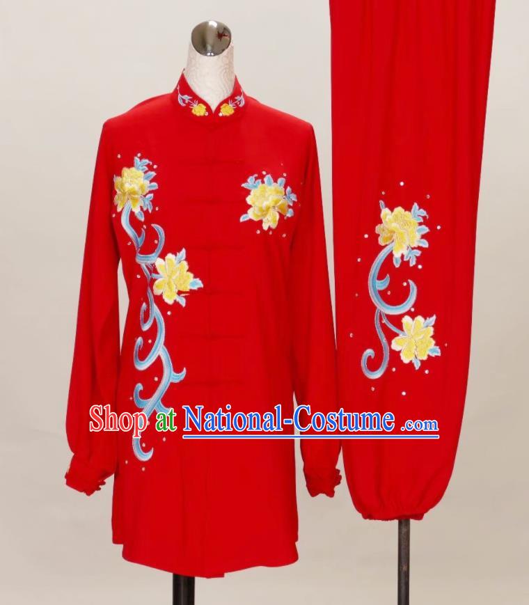 China Female Kung Fu Tournament Red Uniform Martial Arts Performance Costume Tai Chi Training Embroidered Peony Clothing